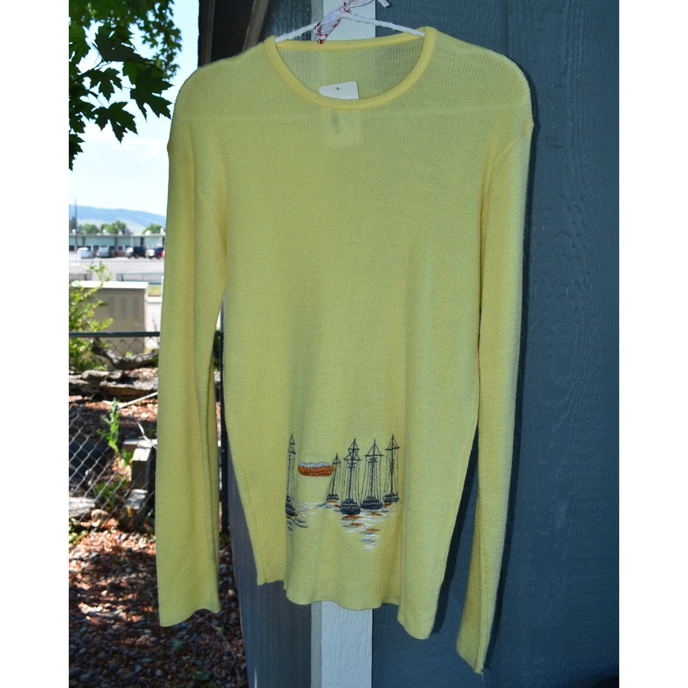 Vintage Made in USA Yellow Embroidered Sailboat‎ Knit Sweater Womens Medium
